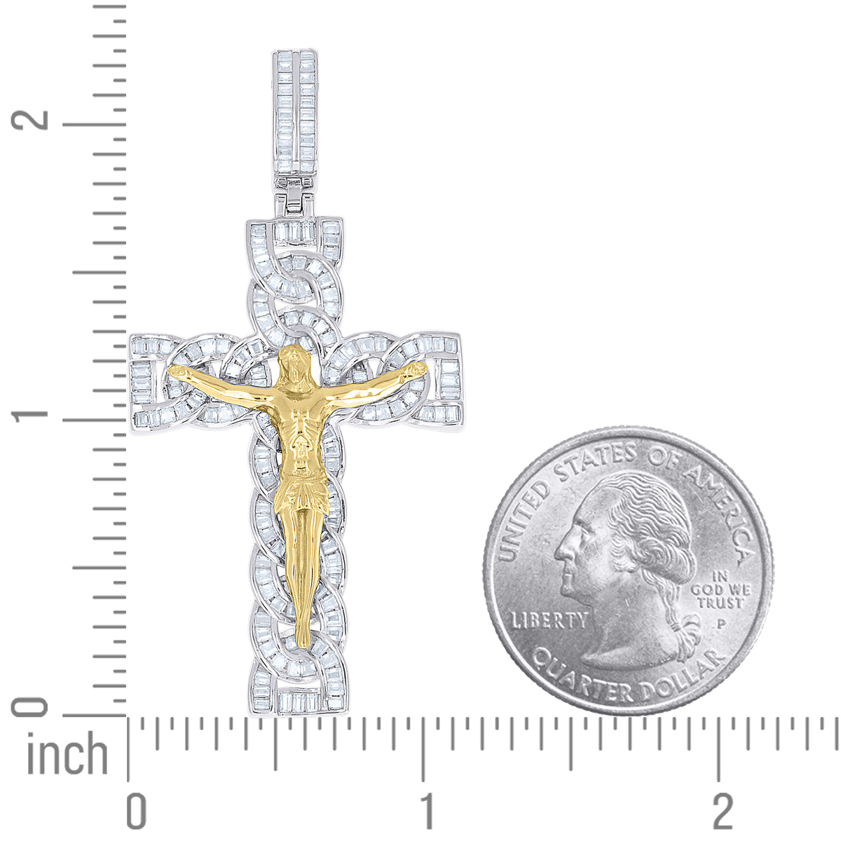 925 Sterling Silver Yellow-Tone Mens Baguette Moissanite Crucifix Cross Religious Pendant