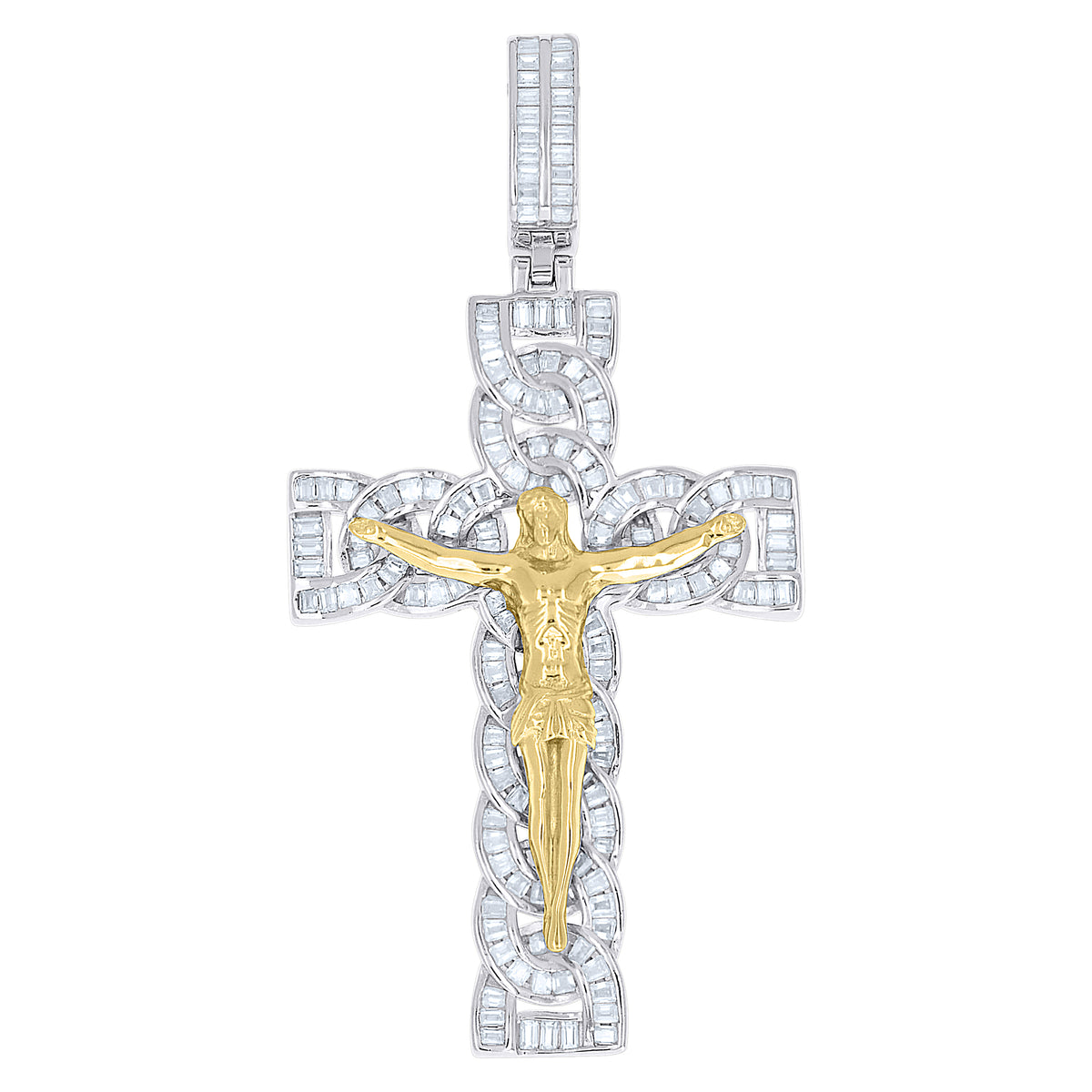 925 Sterling Silver Yellow-Tone Mens Baguette Moissanite Crucifix Cross Religious Pendant