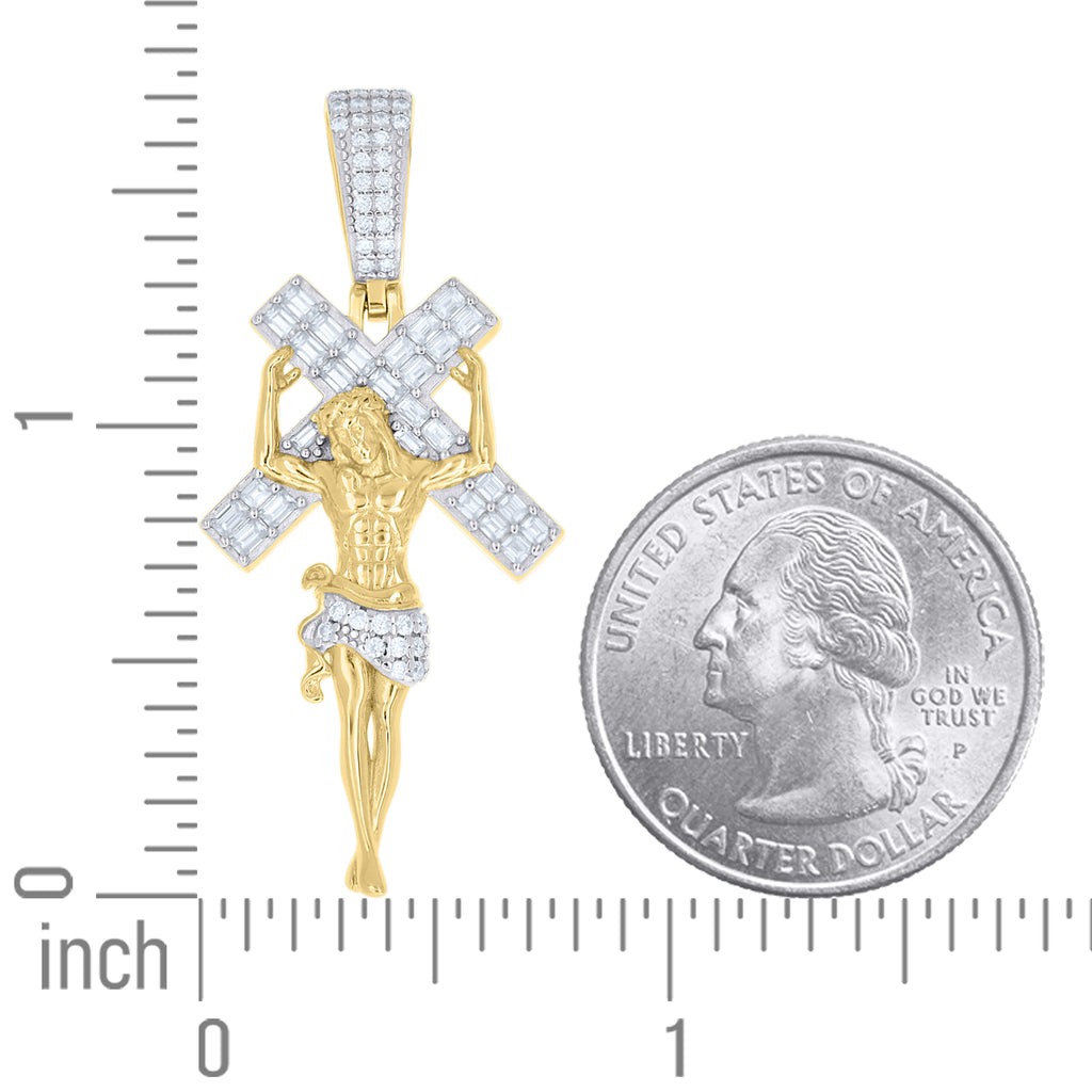 925 Sterling Silver Yellow-Tone Unisex Baguette Round Moissanite Crucifix Cross Religious Pendant