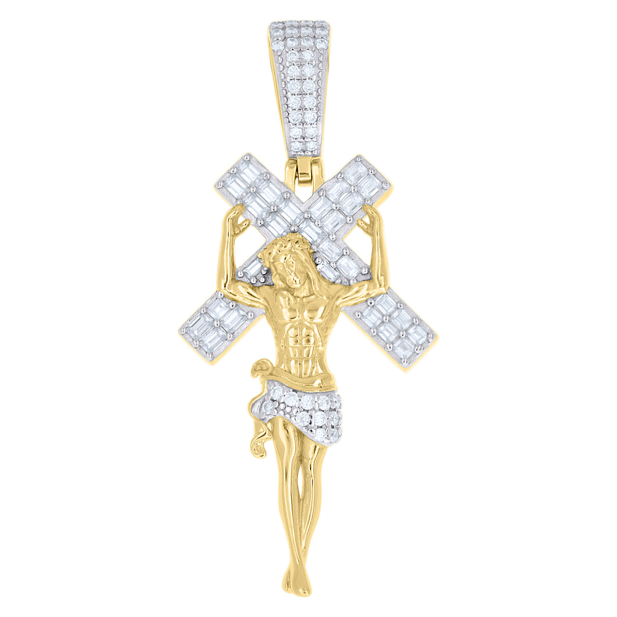 925 Sterling Silver Yellow-Tone Unisex Baguette Round Moissanite Crucifix Cross Religious Pendant
