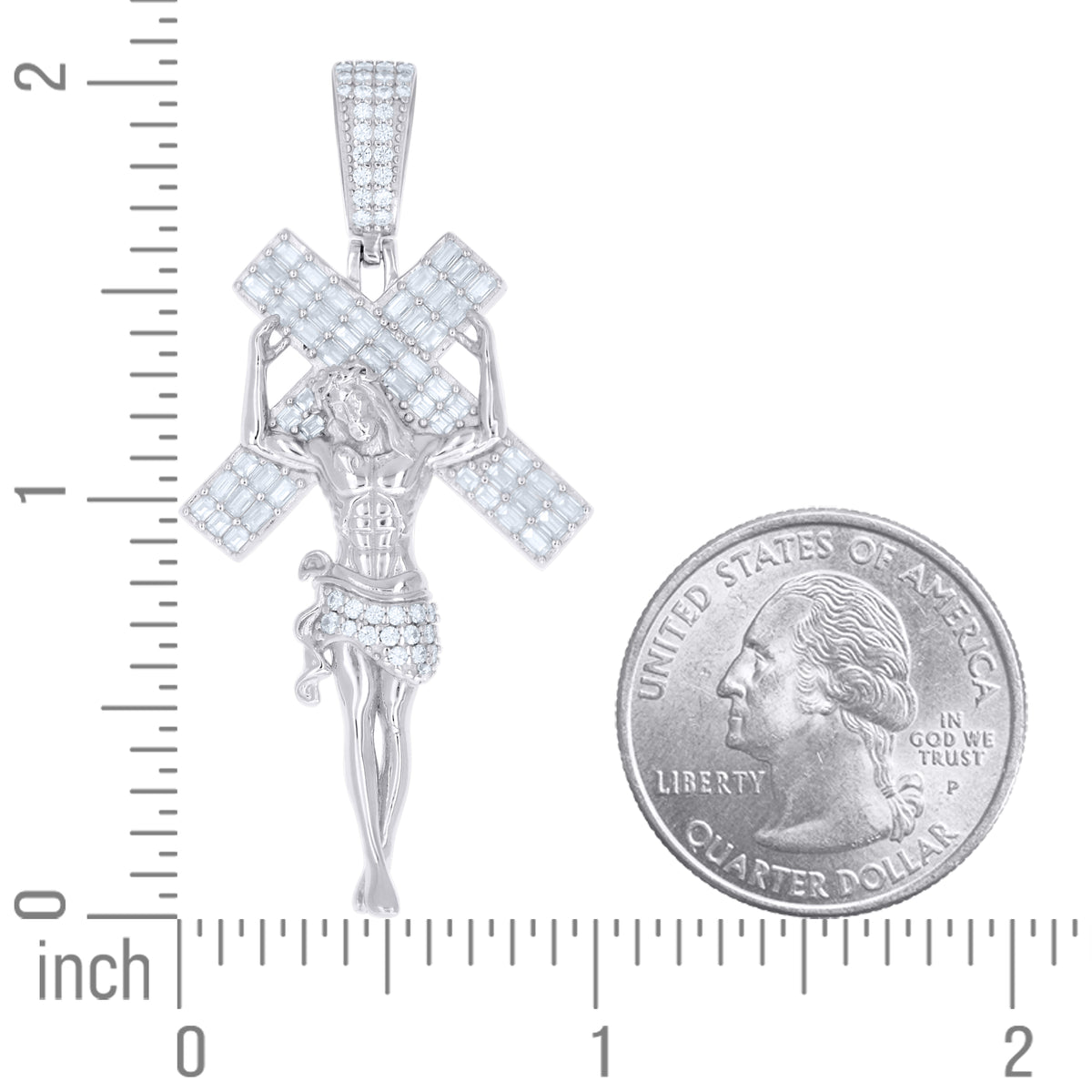 925 Sterling Silver Yellow-Tone Mens Baguette Round Moissanite Cross Jesus Religious Pendant