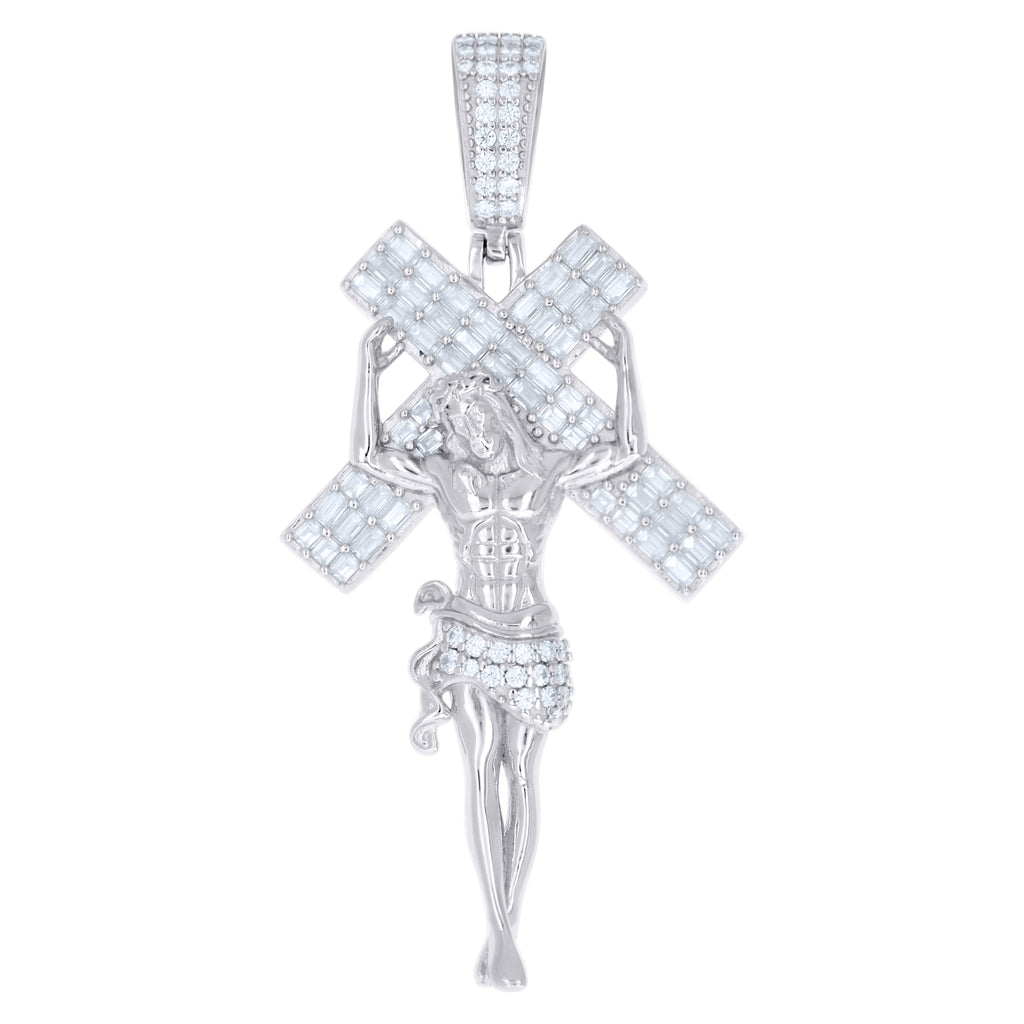 925 Sterling Silver Yellow-Tone Mens Baguette Round Moissanite Cross Jesus Religious Pendant