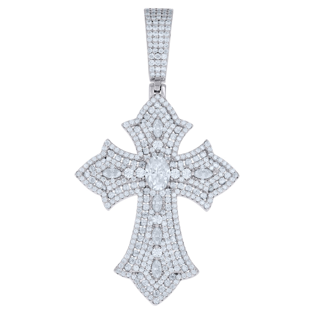 925 Sterling Silver Mens Marquise/Oval Round Moissanite Cross Religious Pendant
