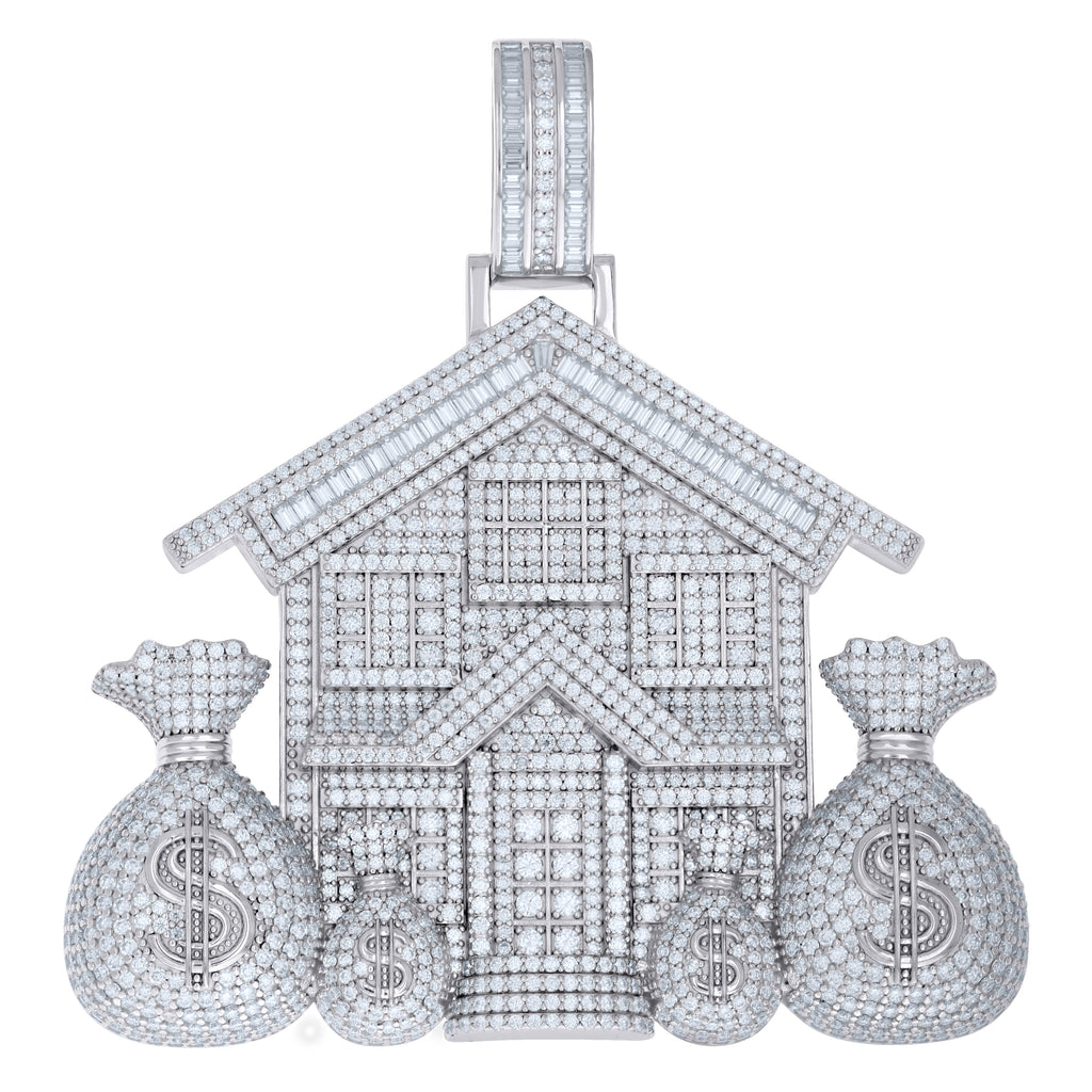 925 Sterling Silver Mens Baguette Round Moissanite Money Bags Trap House Currency Pendant