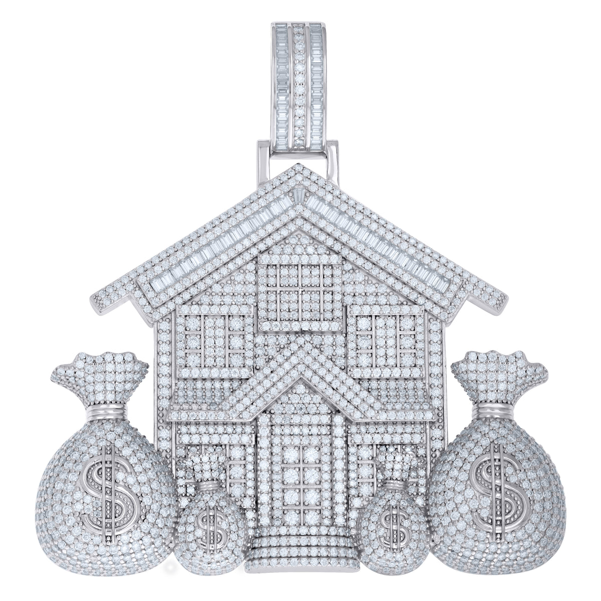 925 Sterling Silver Mens Baguette Round Moissanite Money Bags Trap House Currency Pendant