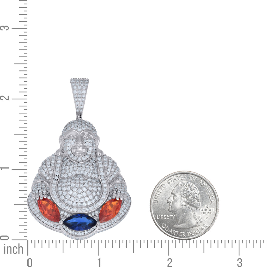 925 Sterling Silver Mens Red Blue White Marquise Round Moissanite Buddha Religious Pendant