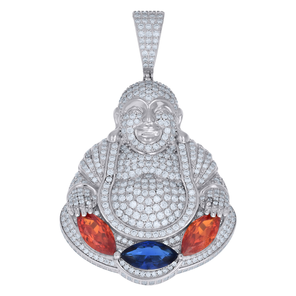 925 Sterling Silver Mens Red Blue White Marquise Round Moissanite Buddha Religious Pendant