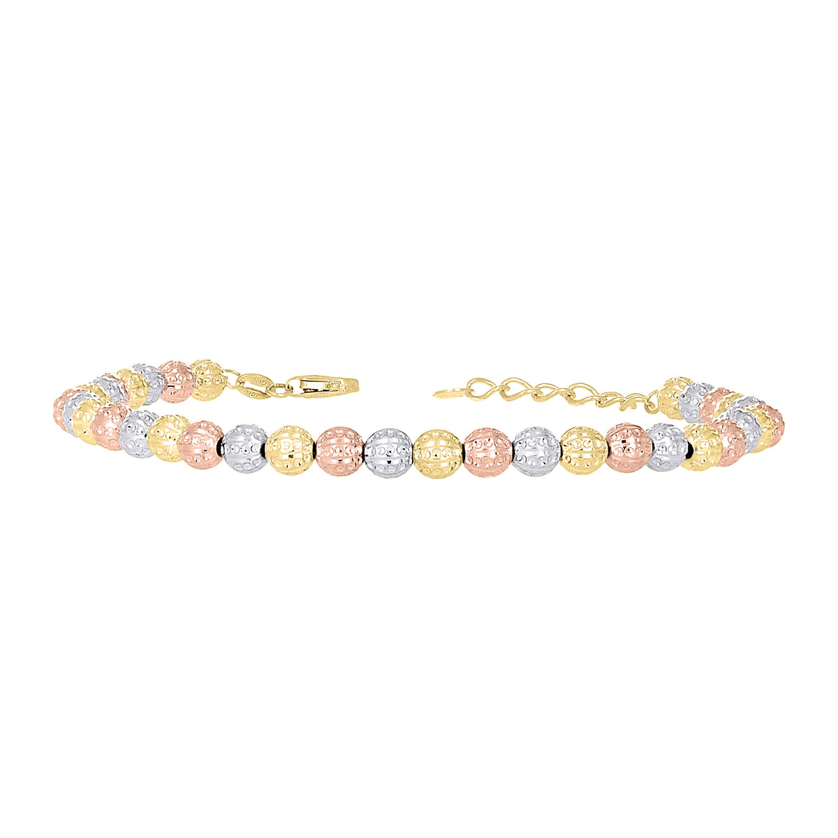 10K Tri-Color Gold Womens Beaded Fashion Bracelet Size 8 Inches