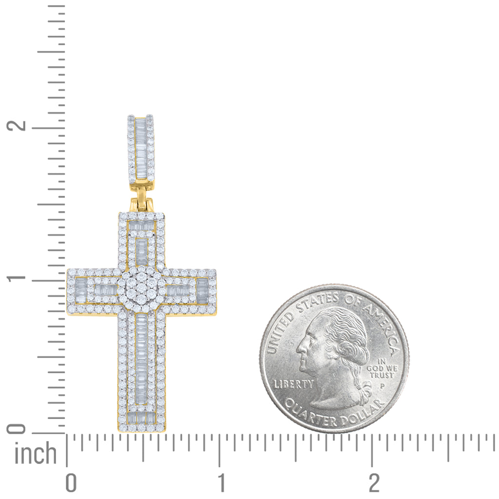 925 Sterling Silver Yellow-Tone Mens Baguette Round Moissanite Cross Religious Pendant