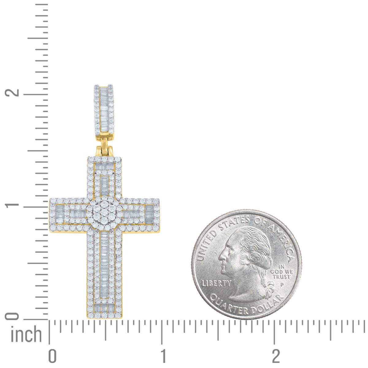 925 Sterling Silver Yellow-Tone Mens Baguette Round Moissanite Cross Religious Pendant