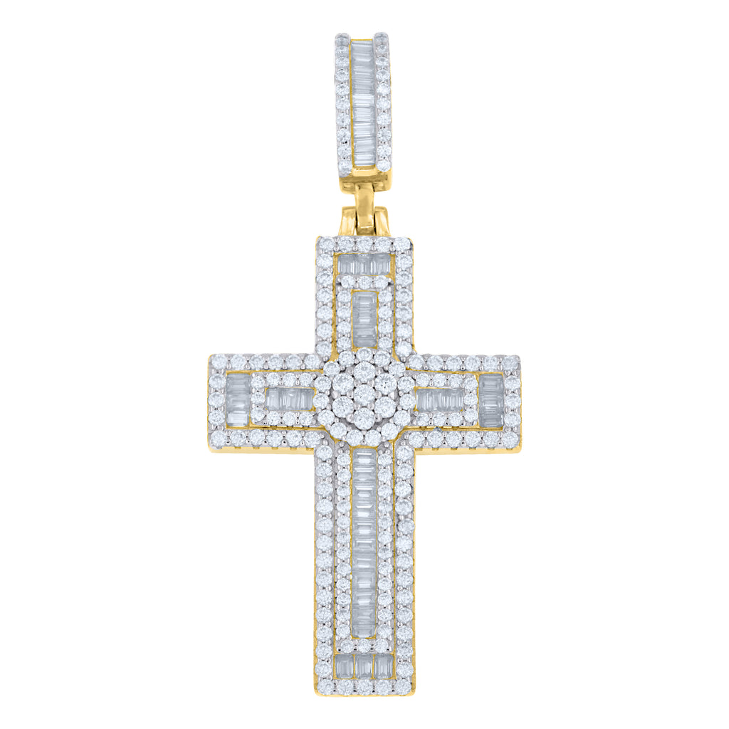 925 Sterling Silver Yellow-Tone Mens Baguette Round Moissanite Cross Religious Pendant