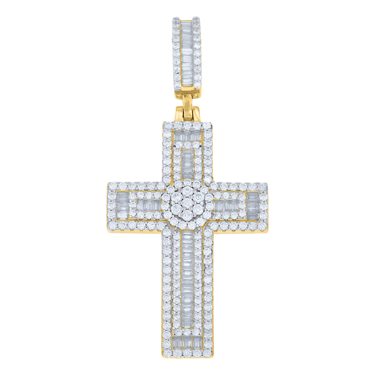 925 Sterling Silver Yellow-Tone Mens Baguette Round Moissanite Cross Religious Pendant