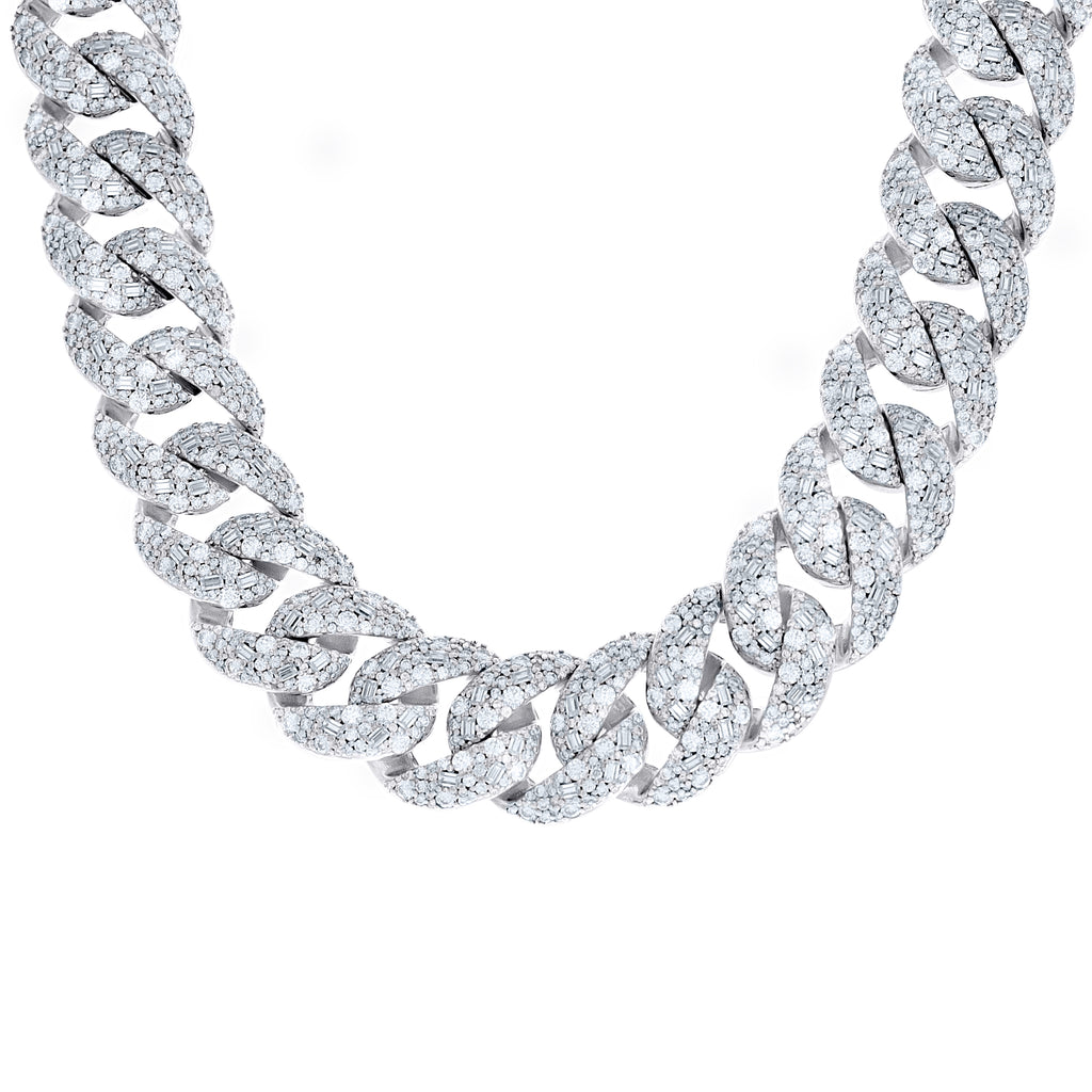 925 Sterling Silver Unisex Baguette Round Moissanite Miami Cuban Chain Necklace 20mm 24.2 Inches
