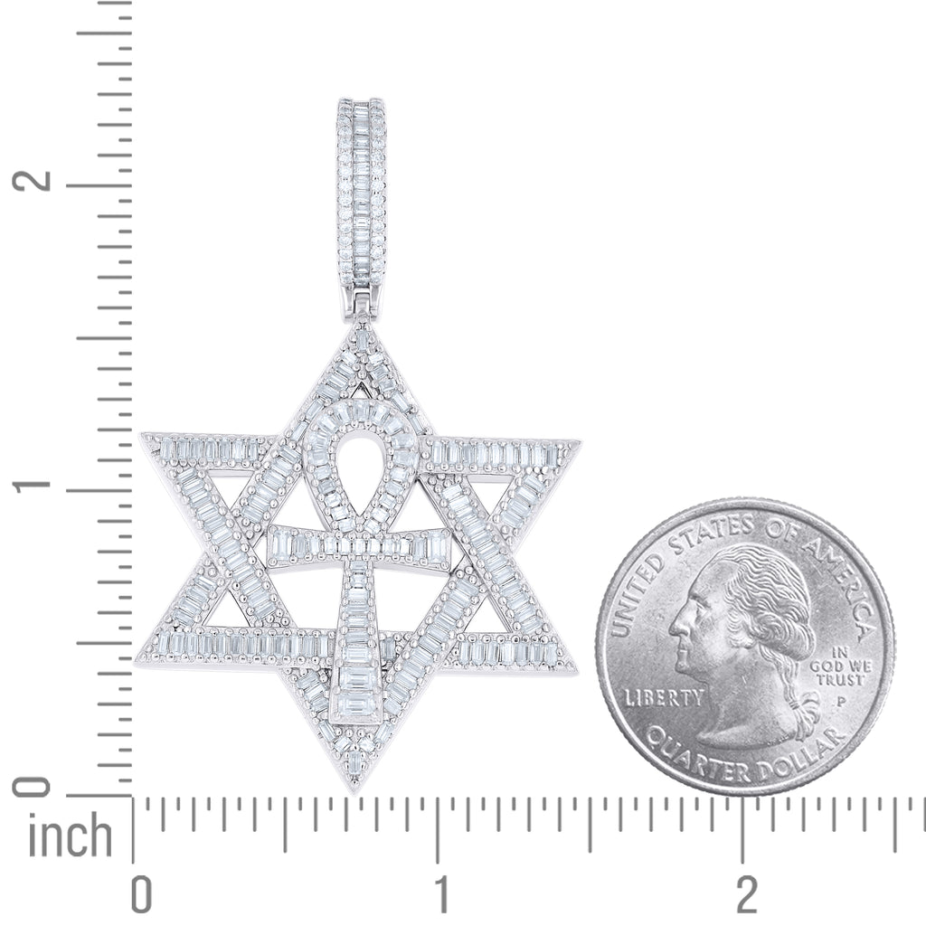 925 Sterling Silver Unisex Baguette Round Moissanite Ankh Cross Star Of David Symbol Pendant