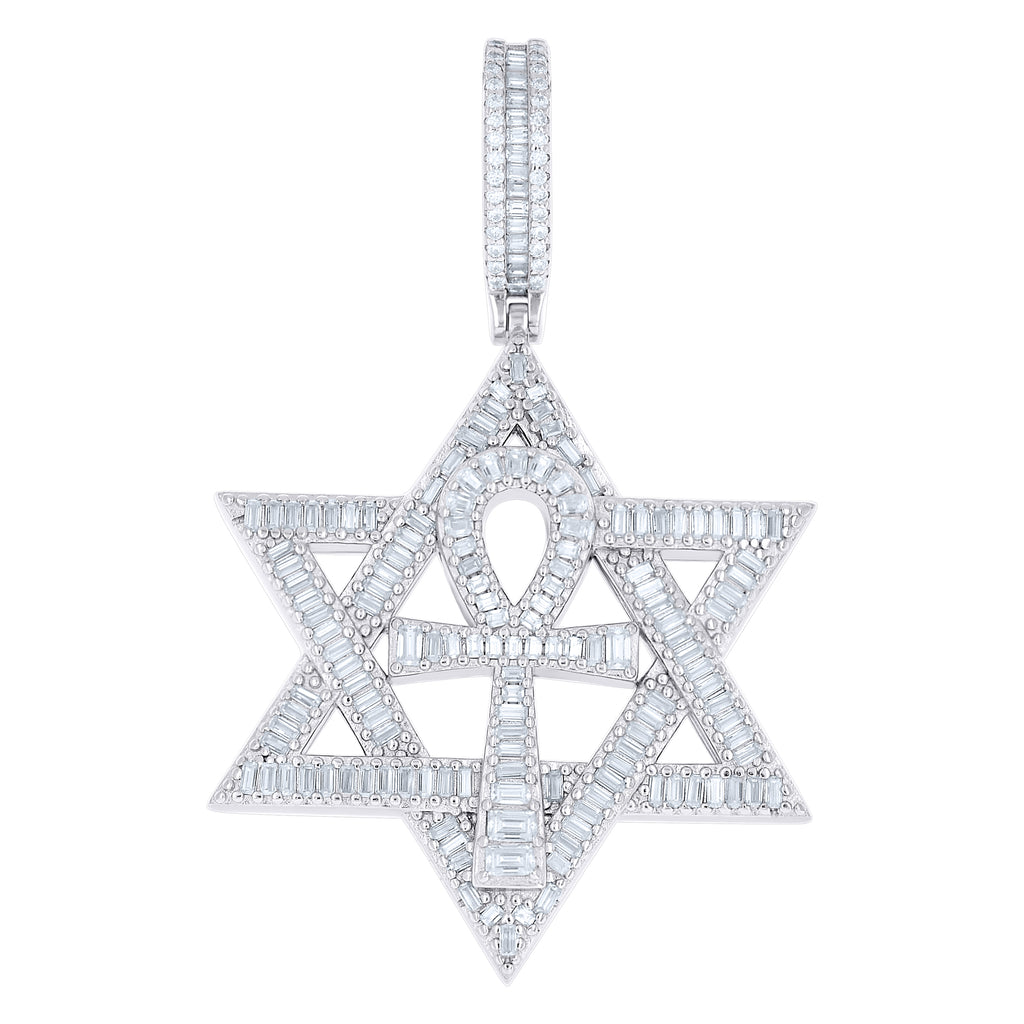 925 Sterling Silver Unisex Baguette Round Moissanite Ankh Cross Star Of David Symbol Pendant