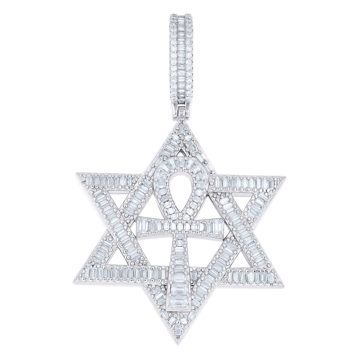 925 Sterling Silver Unisex Baguette Round Moissanite Ankh Cross Star Of David Symbol Pendant