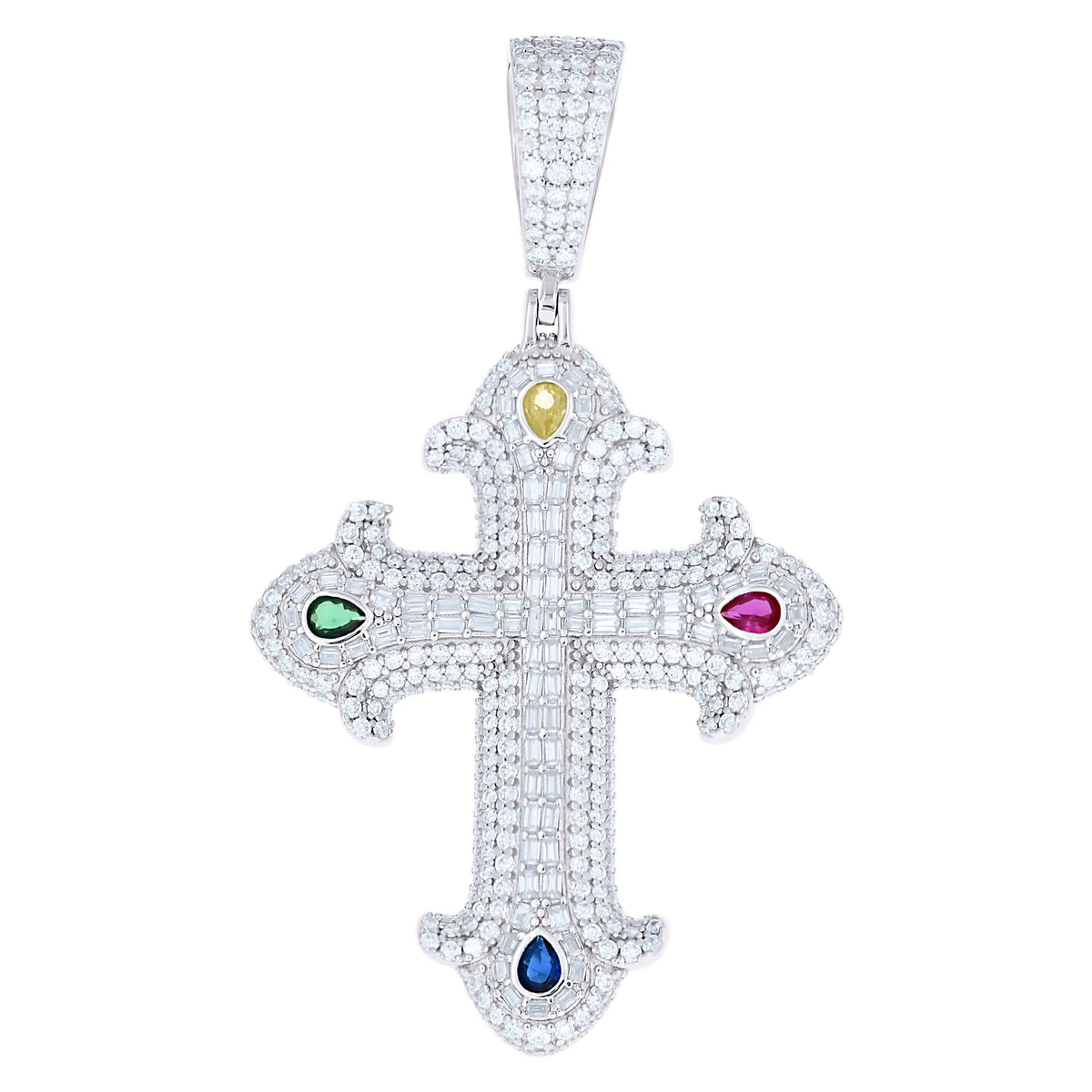 925 Sterling Silver Mens Multi-color Pear Round Moissanite Cross Religious Pendant