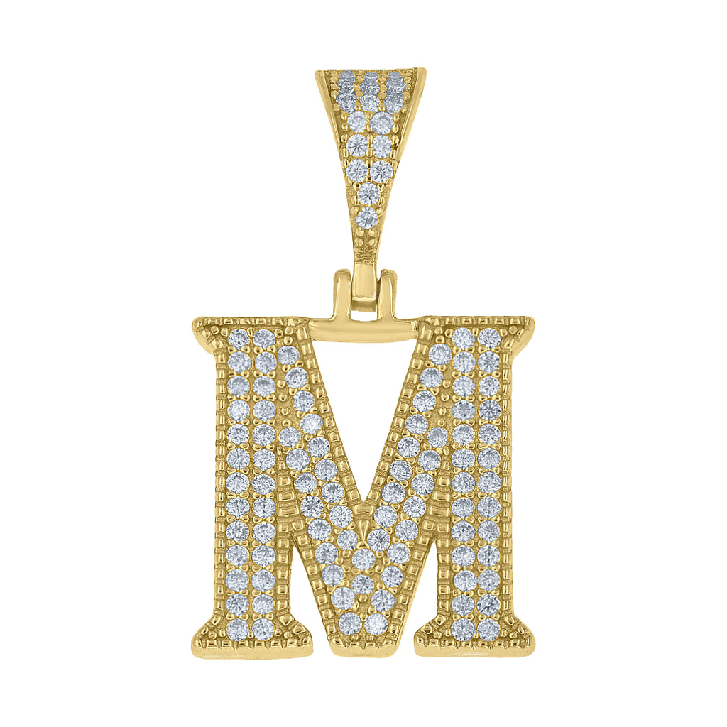 925 Sterling Silver Yellow-Tone Unisex Moissanite Initial Letter M Charm Pendant
