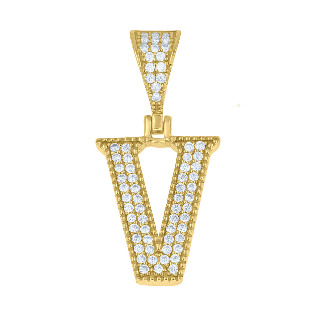 925 Sterling Silver Yellow-Tone Unisex Moissanite Initial Letter V Charm Pendant