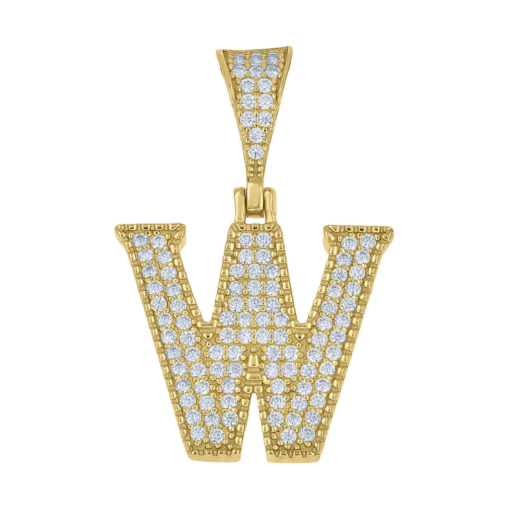 925 Sterling Silver Yellow-Tone Unisex Moissanite Initial Letter W Charm Pendant