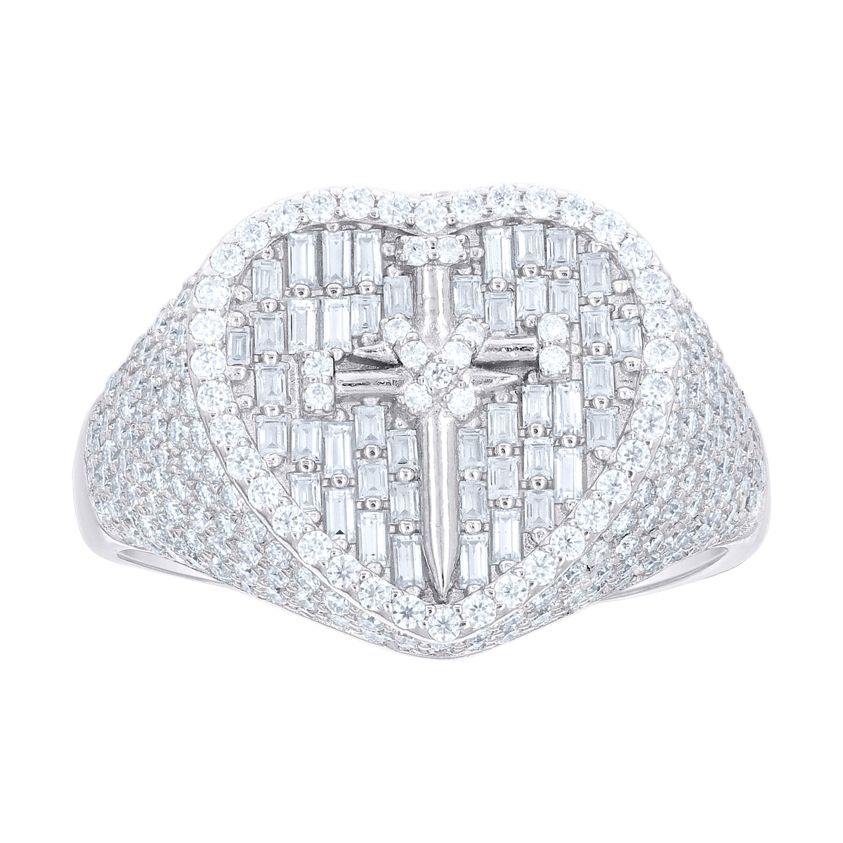 925 Sterling Silver Womens Baguette Round Moissanite Cross Heart Ring Size 8