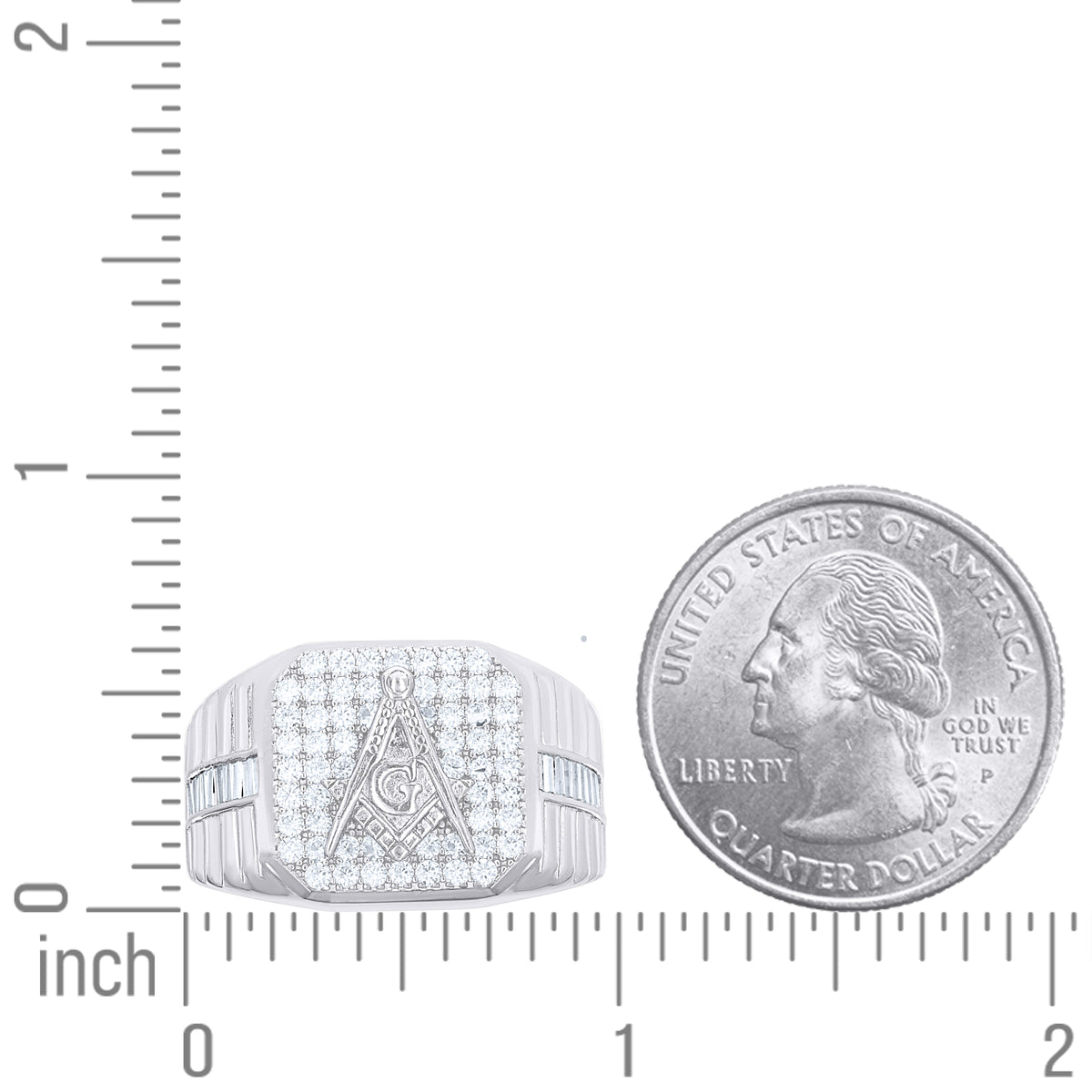 925 Sterling Silver Mens Baguette Round Moissanite Masonic Symbol Religious Ring Size 10