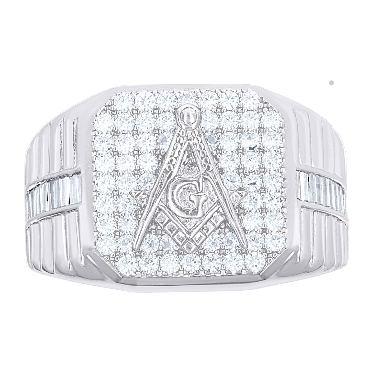 925 Sterling Silver Mens Baguette Round Moissanite Masonic Symbol Religious Ring Size 8