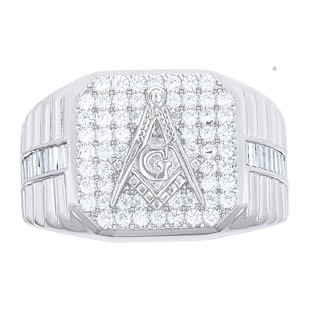 925 Sterling Silver Mens Baguette Round Moissanite Masonic Symbol Religious Ring Size 10