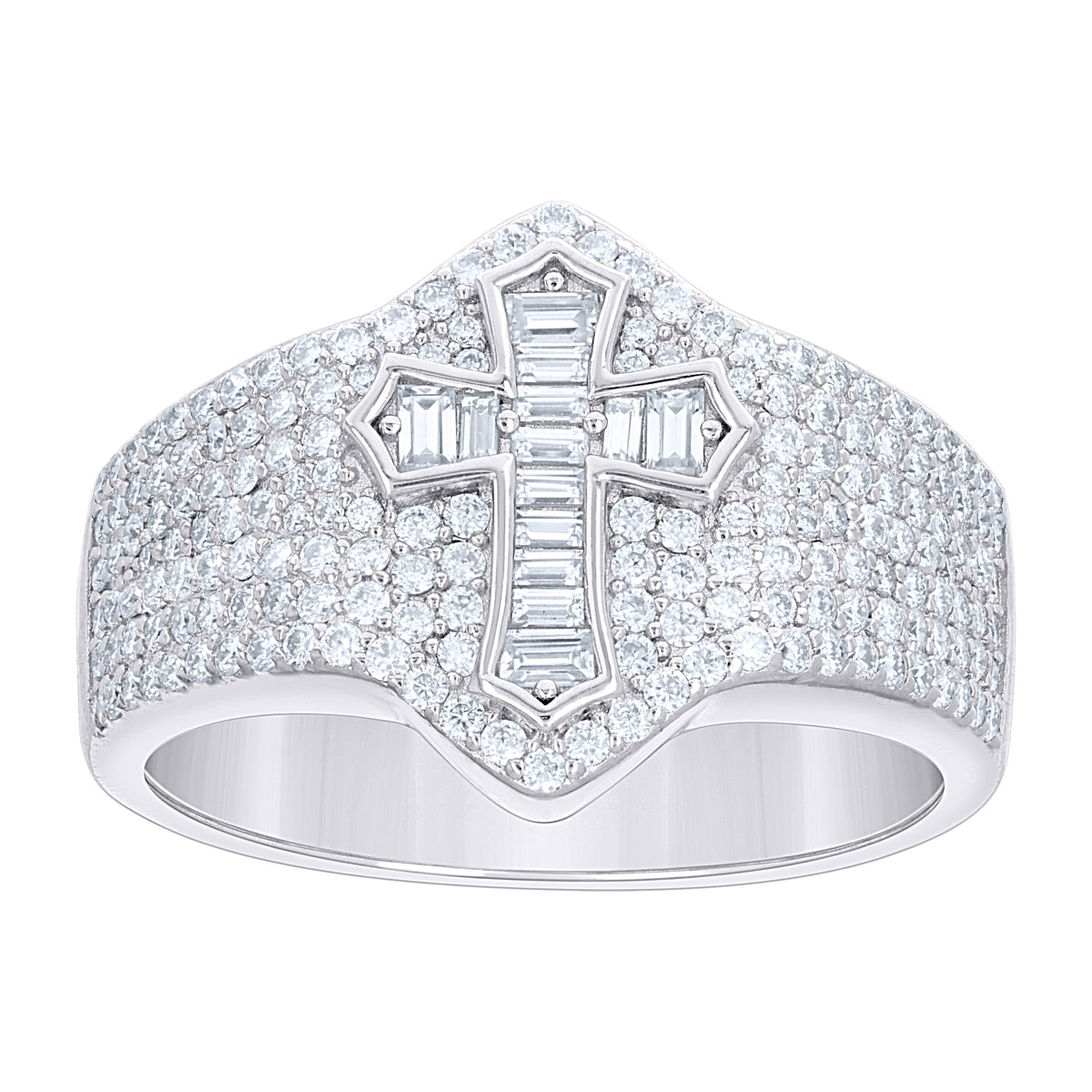 925 Sterling Silver Mens Baguette Round Moissanite Cross Religious Ring Size 11