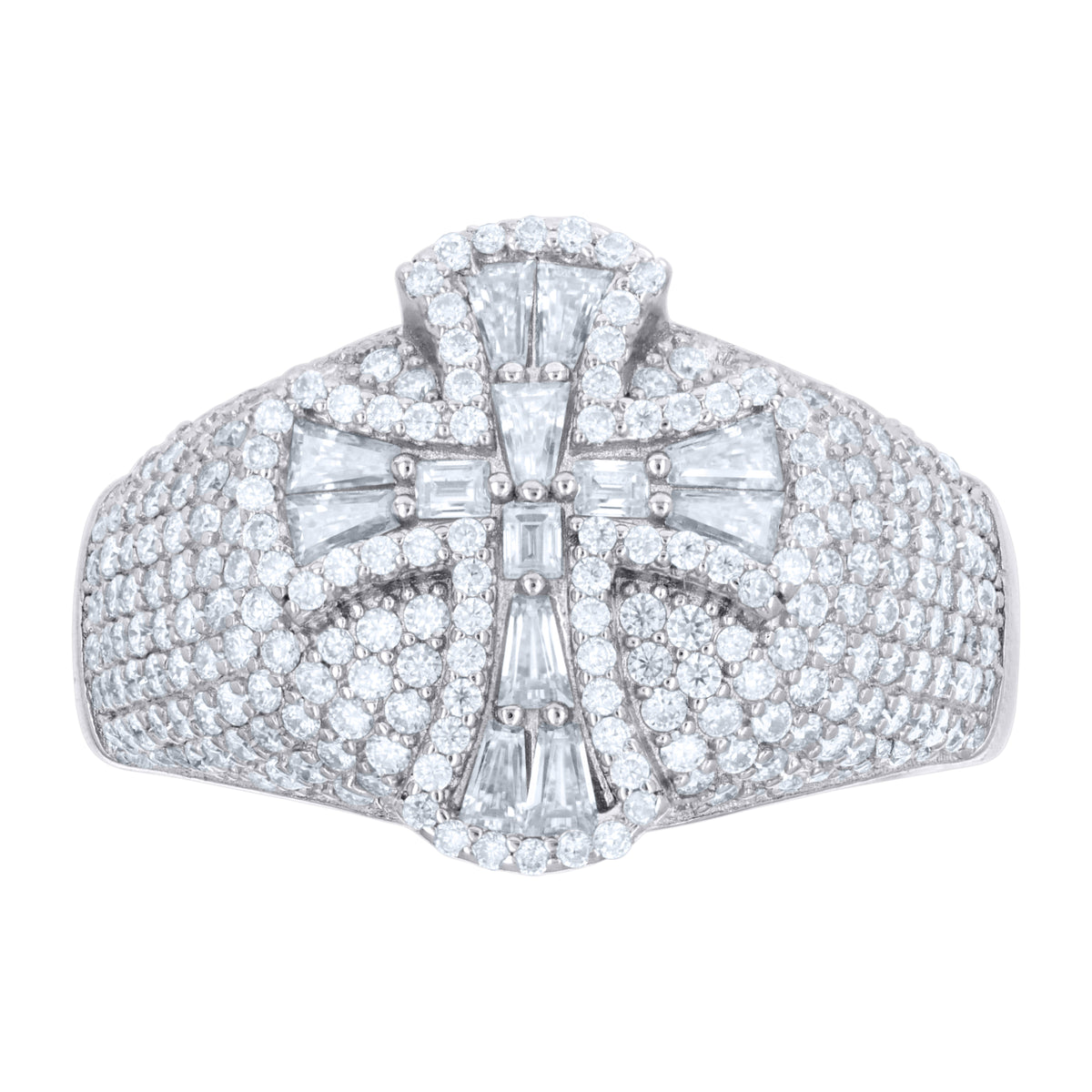 925 Sterling Silver Mens Baguette Round Moissanite Cross Religious Ring Size 9