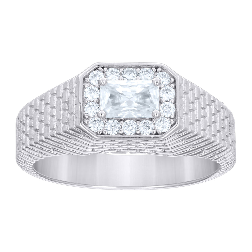925 Sterling Silver Mens Emerald-Cut Round Moissanite Octagon Head Fashion Ring