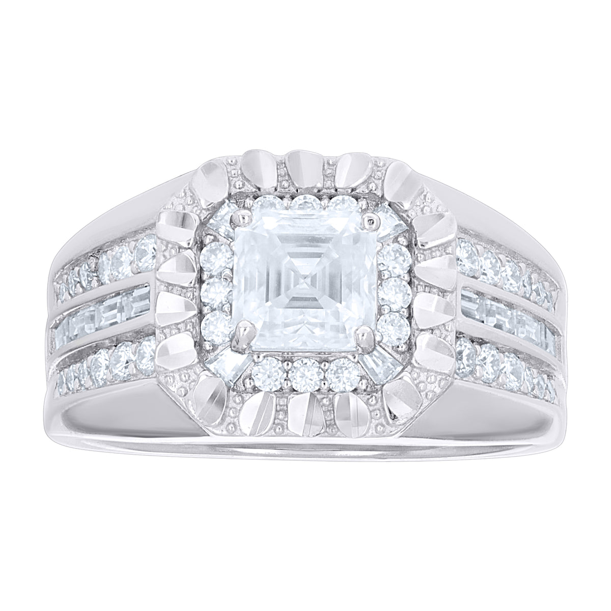 925 Sterling Silver Mens Princess-Cut Baguette Round Moissanite Octagon Head Fashion Ring Size 10
