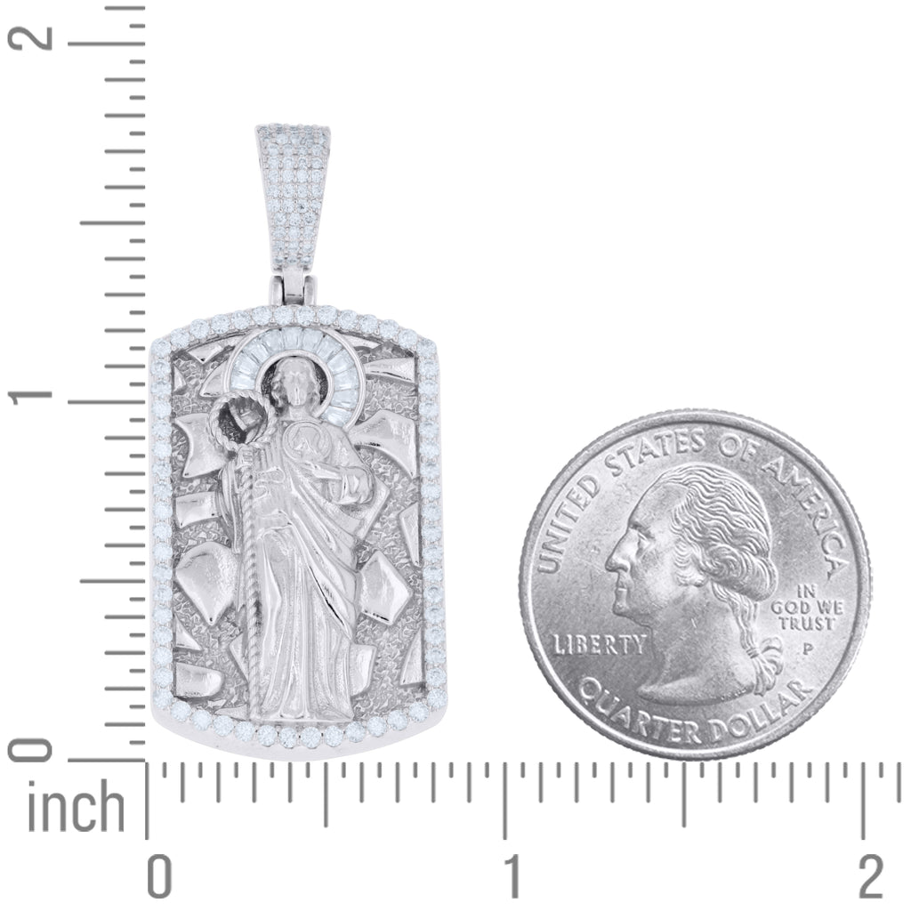 925 Sterling Silver Men Round Baguette Moissanite Dog Tag St. Jude Religious Charm Pendant