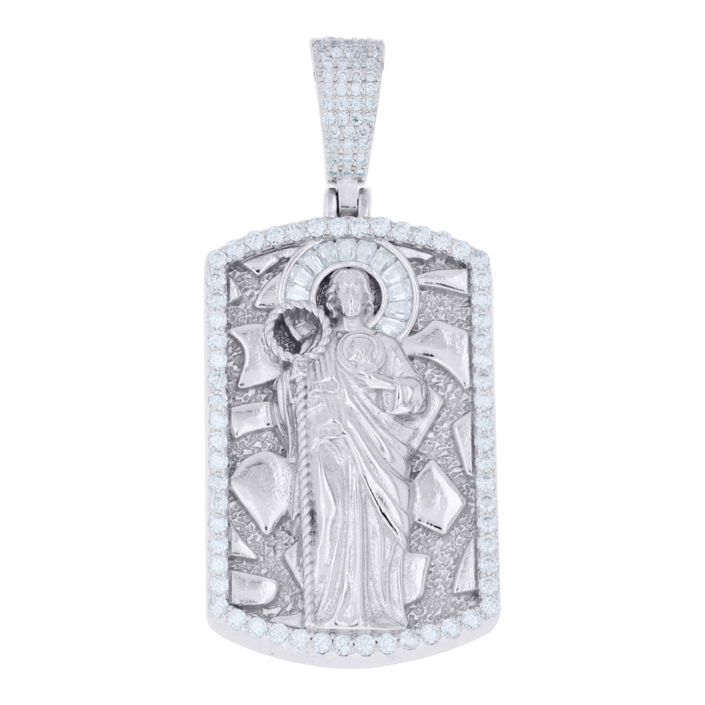 925 Sterling Silver Men Round Baguette Moissanite Dog Tag St. Jude Religious Charm Pendant