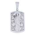 925 Sterling Silver Men Round Baguette Moissanite Dog Tag St. Jude Religious Charm Pendant