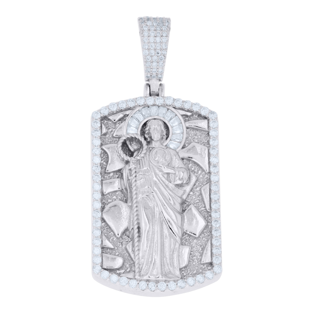 925 Sterling Silver Men Round Baguette Moissanite Dog Tag St. Jude Religious Charm Pendant