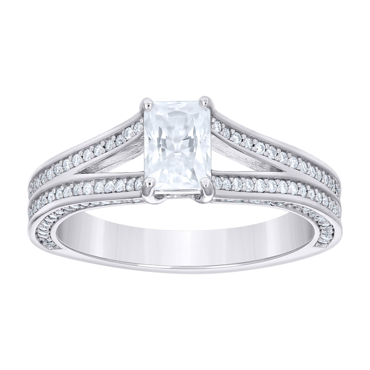 925 Sterling Silver Womens Emerald-Cut Round Moissanite Engagement Ring
