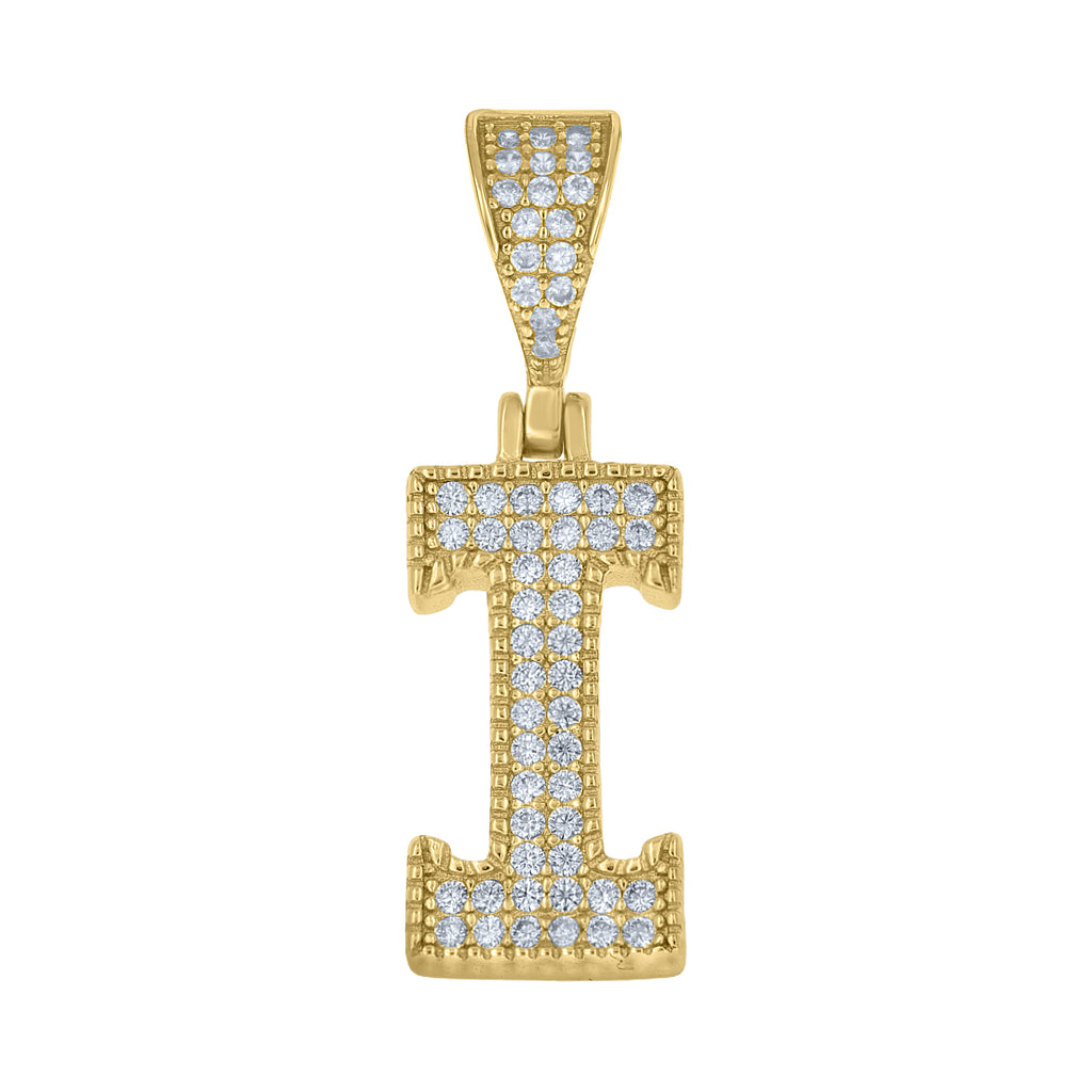 925 Sterling Silver Yellow-tone Unisex Cubic-Zirconia Initial Alphabet I Charm Pendant