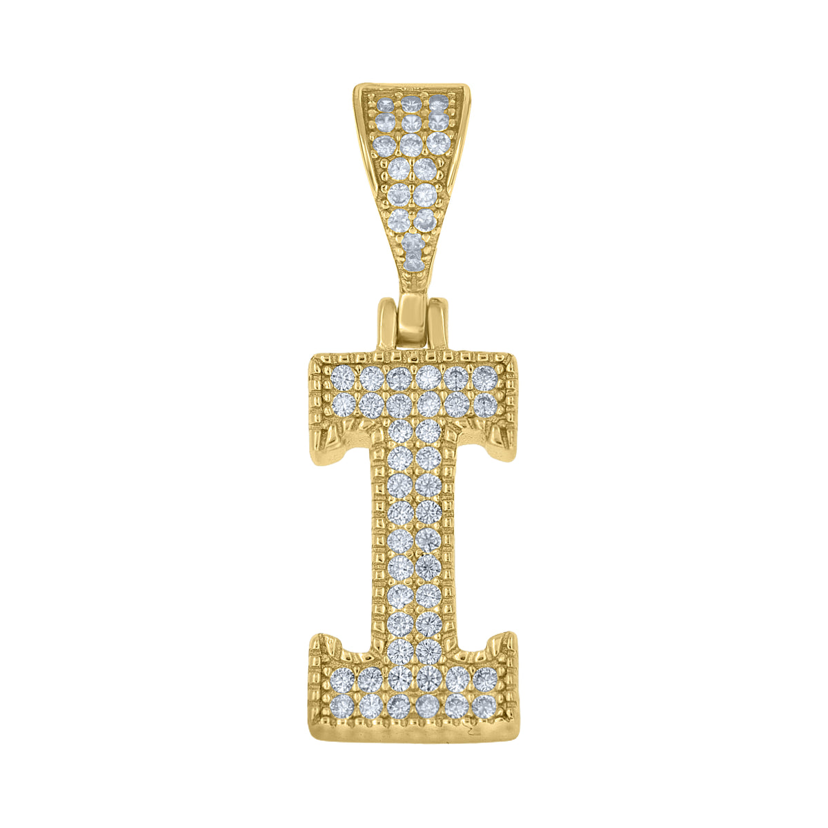 925 Sterling Silver Yellow-tone Unisex Cubic-Zirconia Initial Alphabet I Charm Pendant