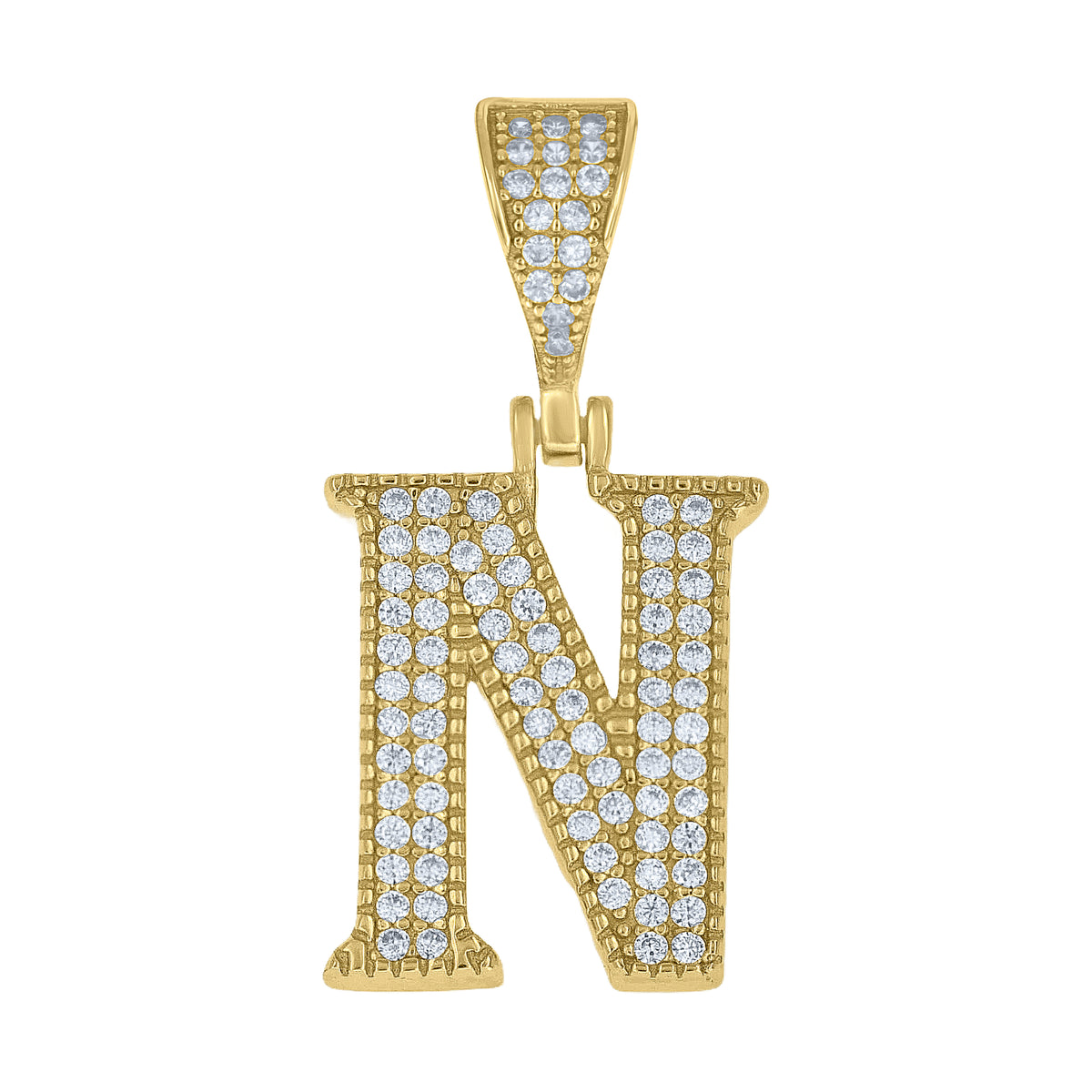 925 Sterling Silver Yellow-tone Unisex Cubic-Zirconia Initial Alphabet N Charm Pendant