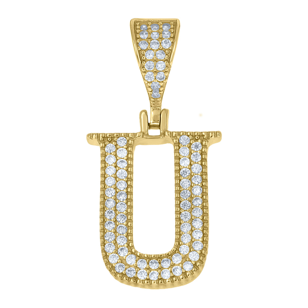 925 Sterling Silver Yellow-tone Unisex Cubic-Zirconia Initial Alphabet U Charm Pendant