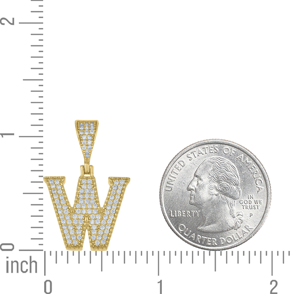 925 Sterling Silver Yellow-tone Unisex Cubic-Zirconia Initial Alphabet W Charm Pendant
