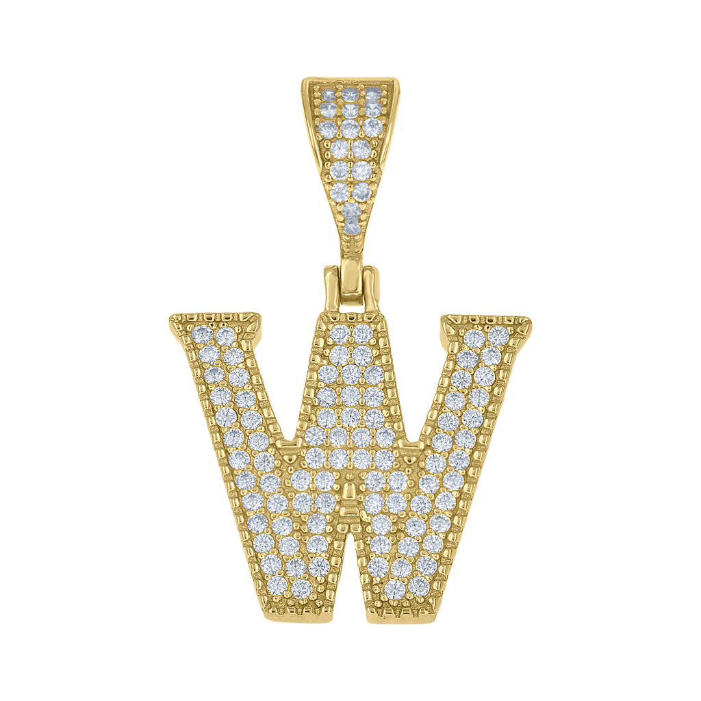 925 Sterling Silver Yellow-tone Unisex Cubic-Zirconia Initial Alphabet W Charm Pendant