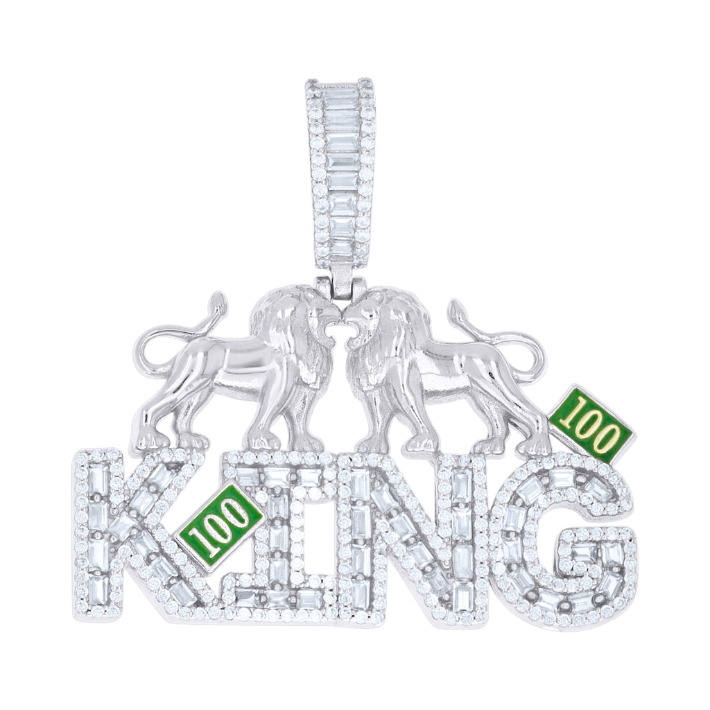 925 Sterling Silver Mens Round Baguette Cubic-Zirconia Lion Motifs KING Fashion Pendant