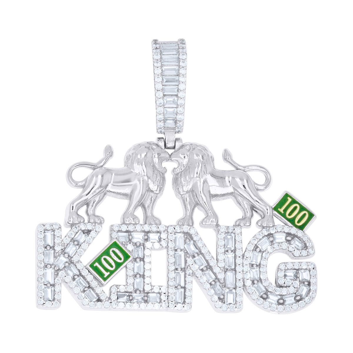 925 Sterling Silver Mens Round Baguette Cubic-Zirconia Lion Motifs KING Fashion Pendant