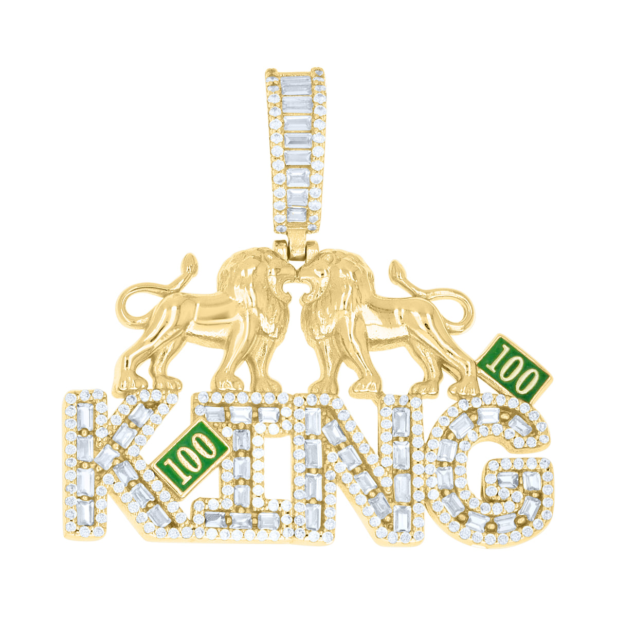 925 Sterling Silver Yellow-tone Mens Round Baguette Cubic-Zirconia Lion Motifs KING Fashion Pendant