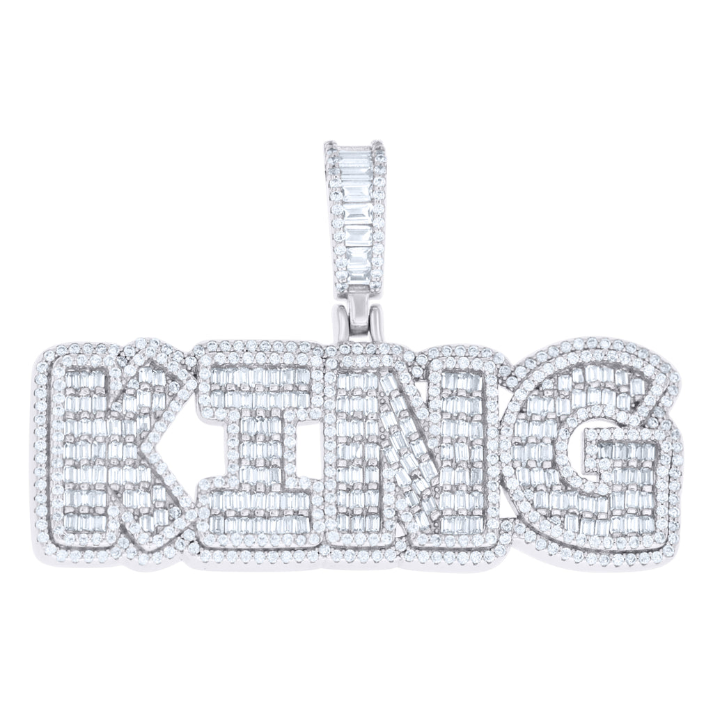 925 Sterling Silver Mens Round Baguette Cubic-Zirconia KING Fashion Pendant