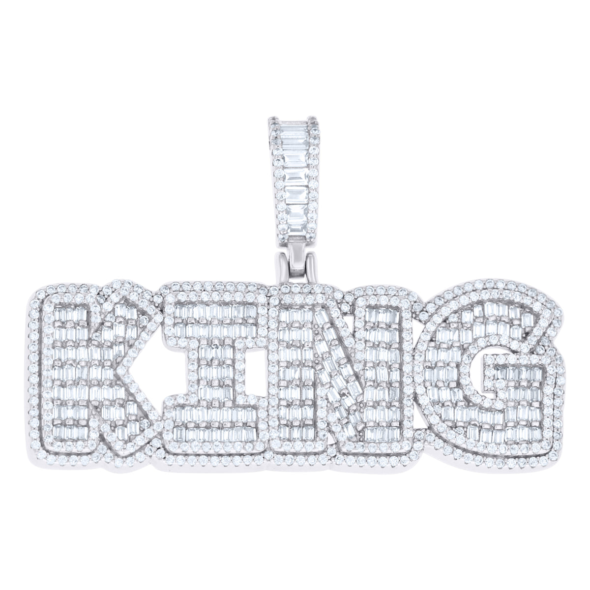 925 Sterling Silver Mens Round Baguette Cubic-Zirconia KING Fashion Pendant