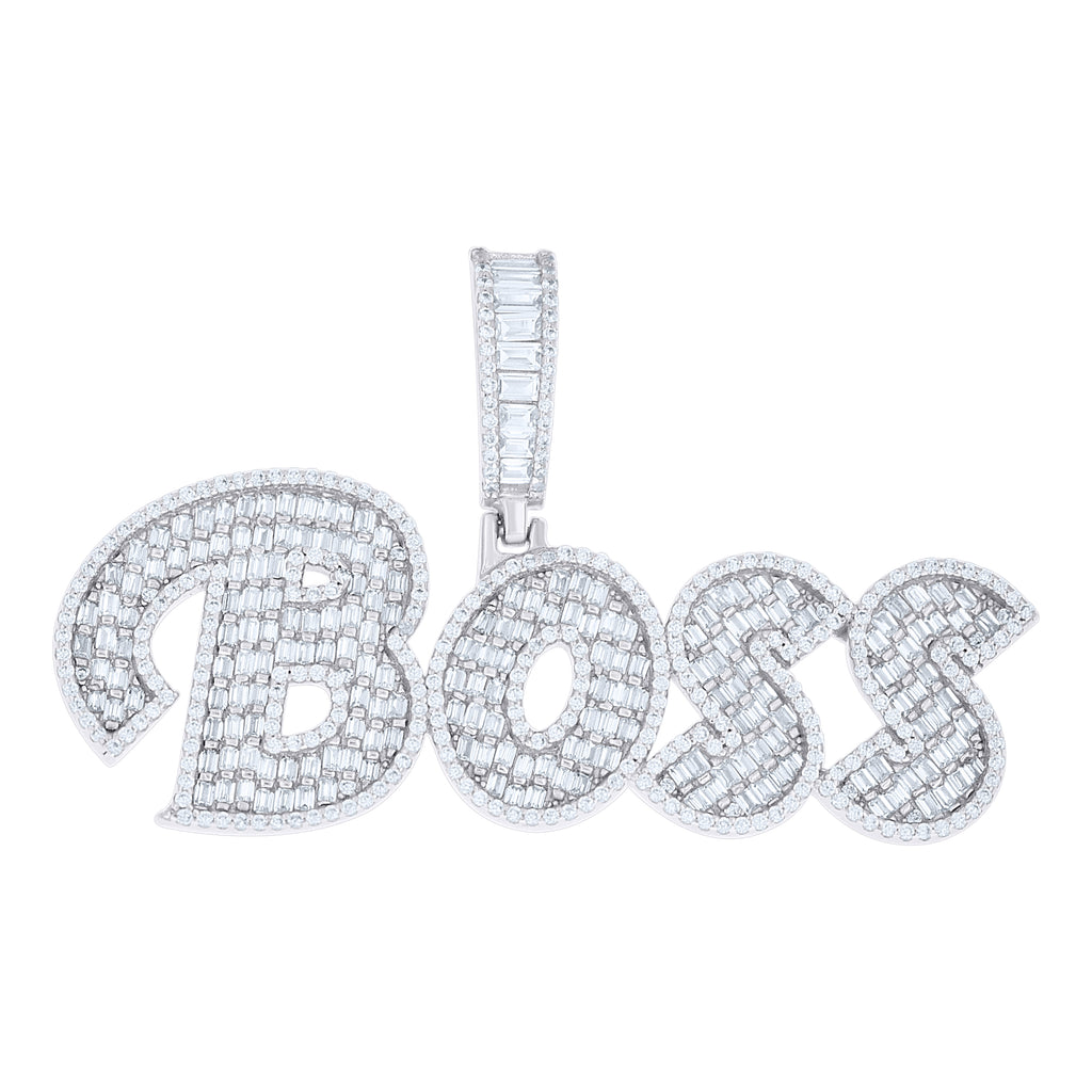 925 Sterling Silver Mens Round Baguette Cubic-Zirconia BOSS Fashion Pendant