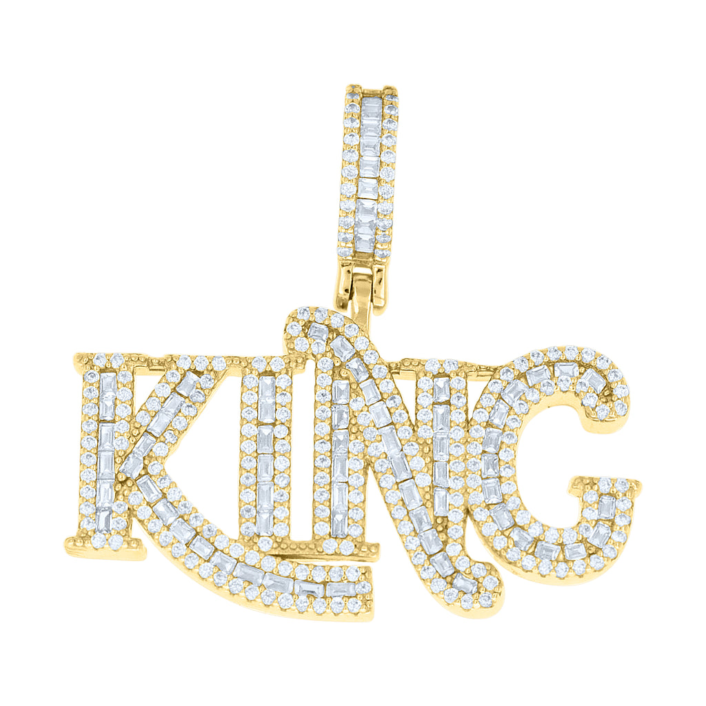 925 Sterling Silver Yellow-tone Mens Round Baguette Cubic-Zirconia KING Fashion Pendant